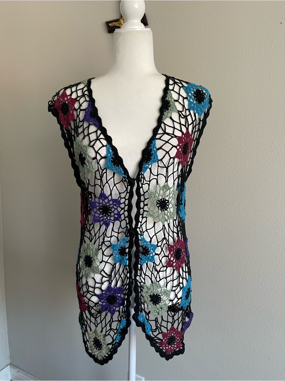 Black Crochet Floral Open Vest with Multicolor Flowers